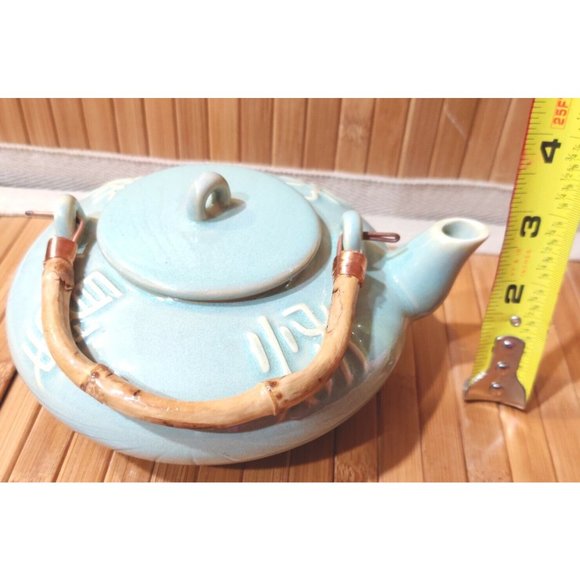 Vintage Mint Green Teapot Asian Japanese Chinese Archaic Calligraphy Writing - Picture 2 of 12